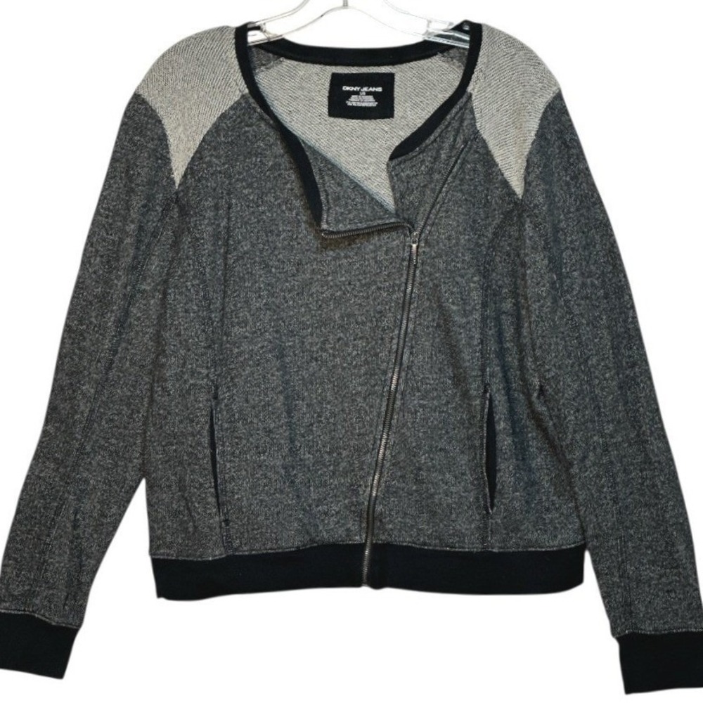 DKNY Jeans Jacket Womens Gray Black Asymmetrical Zip Moto Knit Fall Layering L